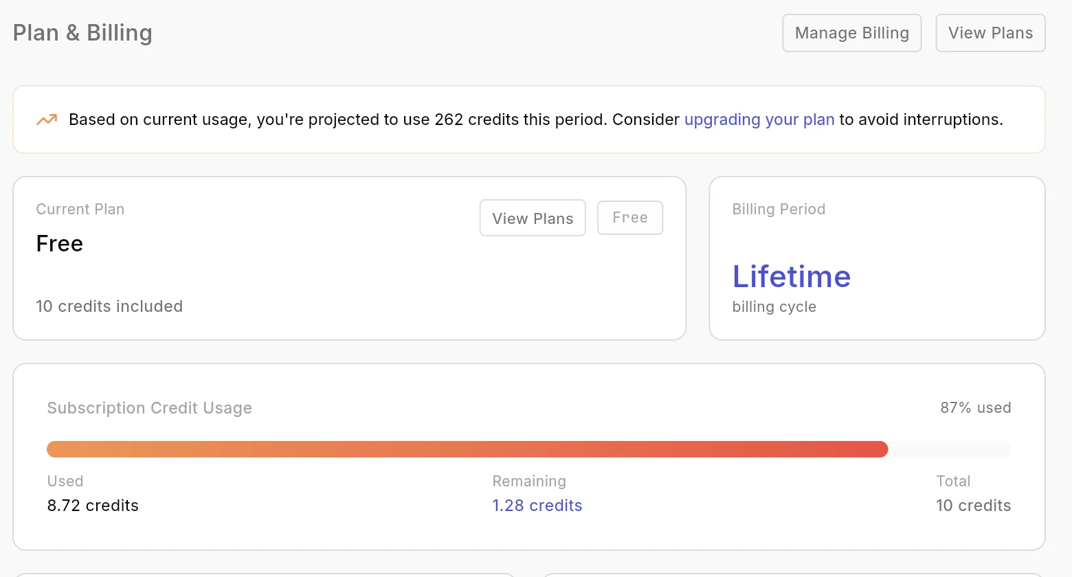 Dreamflow Plan and Billing page showing a banner that the projected use is 262 credits, the Free plan, and credit usage at 87 percent with 8.72 credits used and 1.28 remaining.