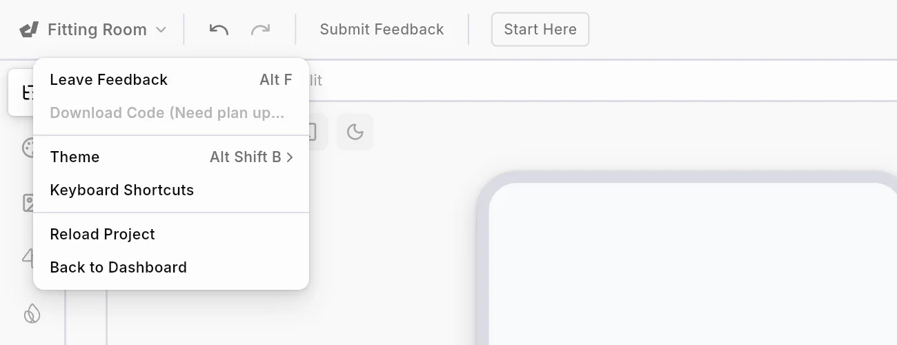 Dreamflow project menu with Download Code greyed out and the words Need plan upgrade.