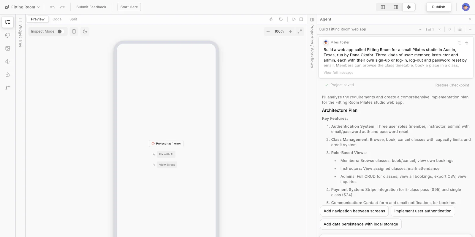 Dreamflow editor with the Fitting Room brief in the agent chat, an Architecture Plan listing key features, and an empty phone preview reading Project has 1 error.