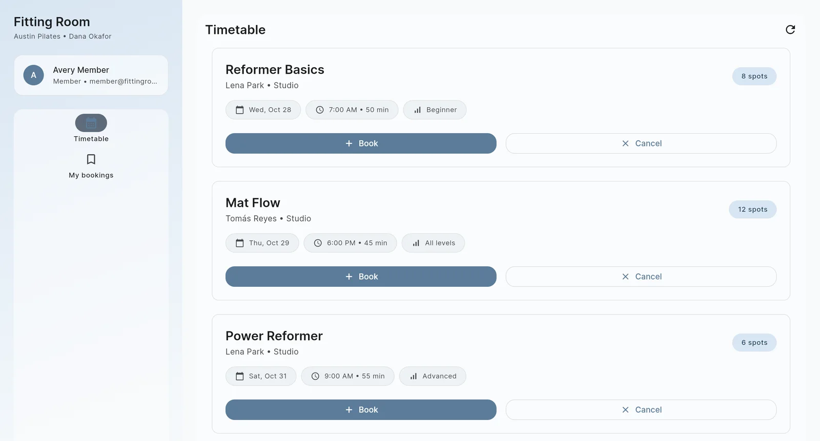 Dreamflow test app member timetable listing Reformer Basics with Lena Park, 8 spots, Mat Flow with Tomas Reyes, 12 spots, and Power Reformer with Lena Park, 6 spots, each with a Book and a Cancel button.