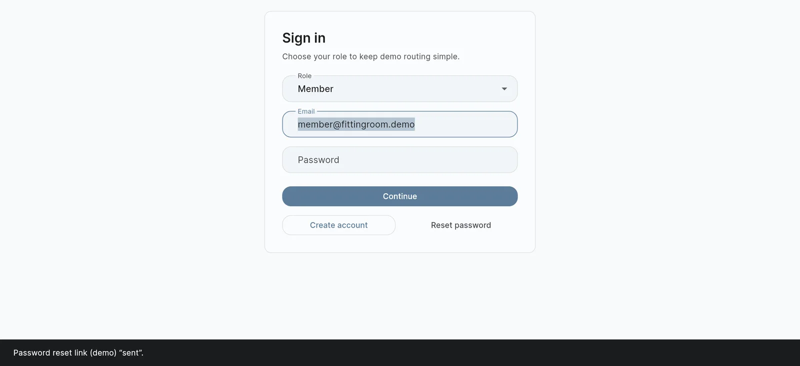 Dreamflow test app sign-in screen with a dark bar at the bottom reading Password reset link (demo) sent.