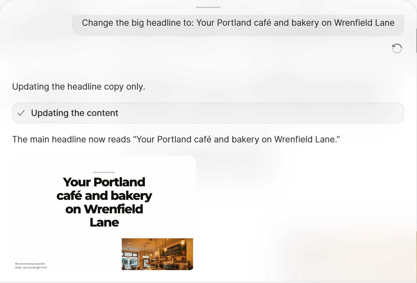 Durable's AI Edit panel showing the sentence Change the big headline to Your Portland cafe and bakery on Wrenfield Lane and the answer The main headline now reads that line