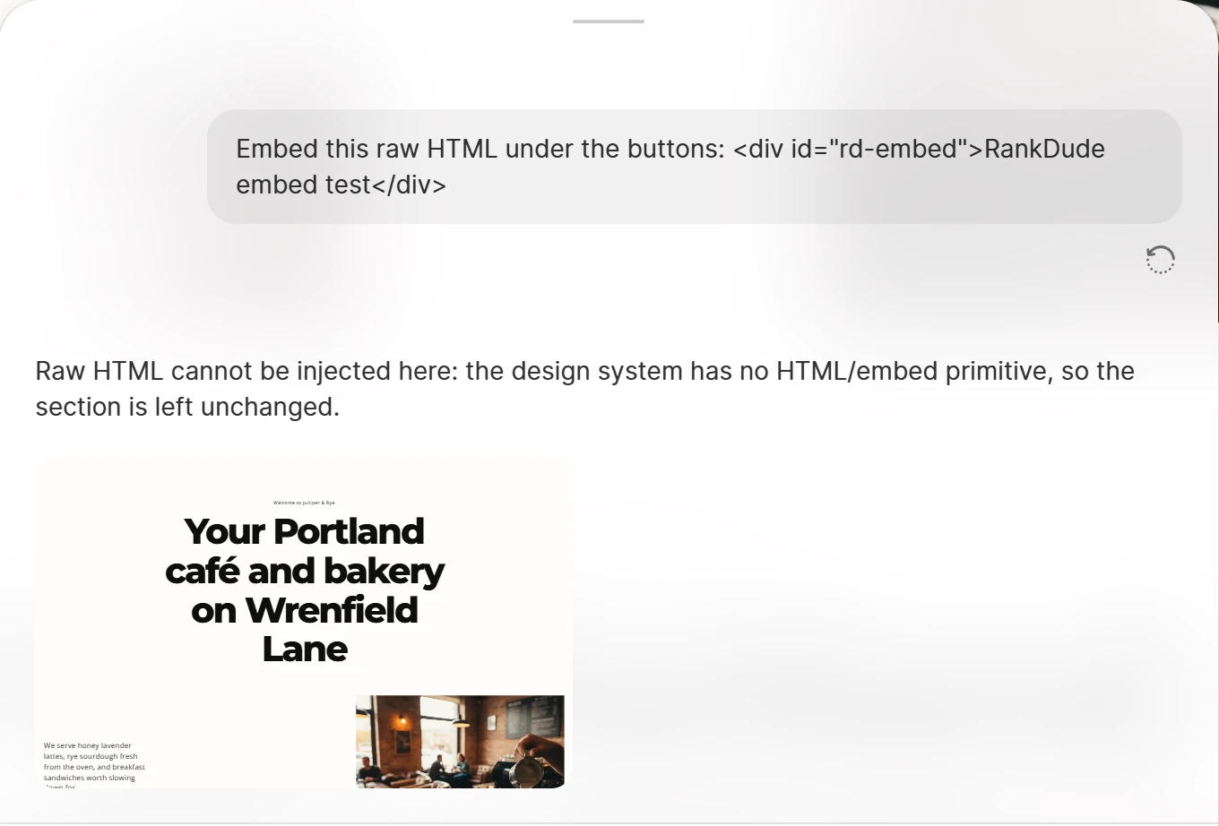 Durable's AI Edit panel with the answer Raw HTML cannot be injected here: the design system has no HTML or embed primitive, so the section is left unchanged