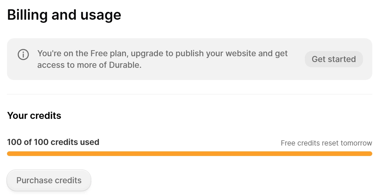 Durable's Billing and usage screen reading You're on the Free plan and 100 of 100 credits used, Free credits reset tomorrow