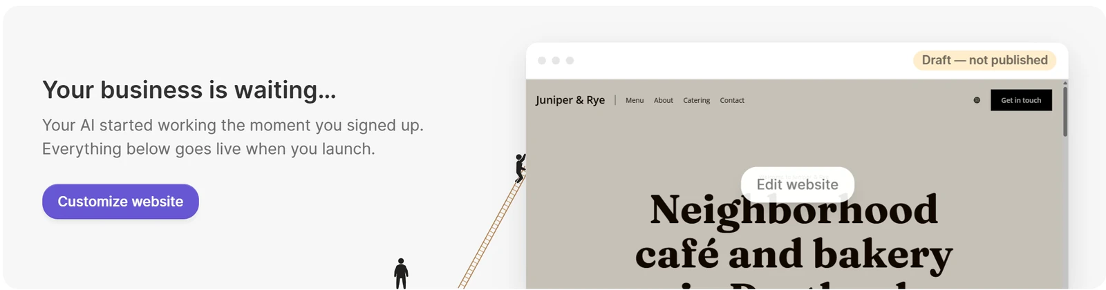 Durable's dashboard with the headline Your business is waiting and a small preview of the cafe site marked Draft, not published