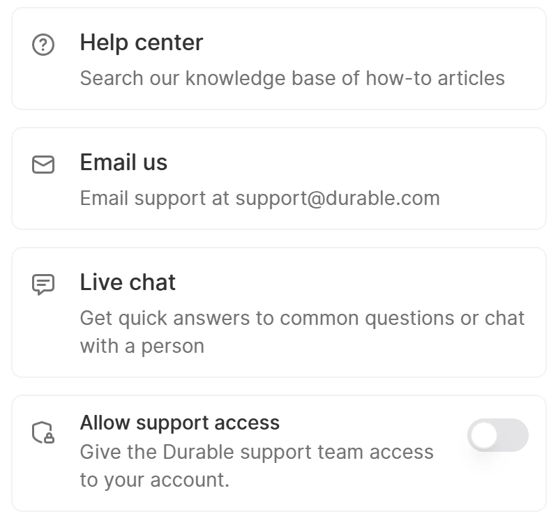Durable's help panel with Help center, Email us at support@durable.com, Live chat and an Allow support access switch