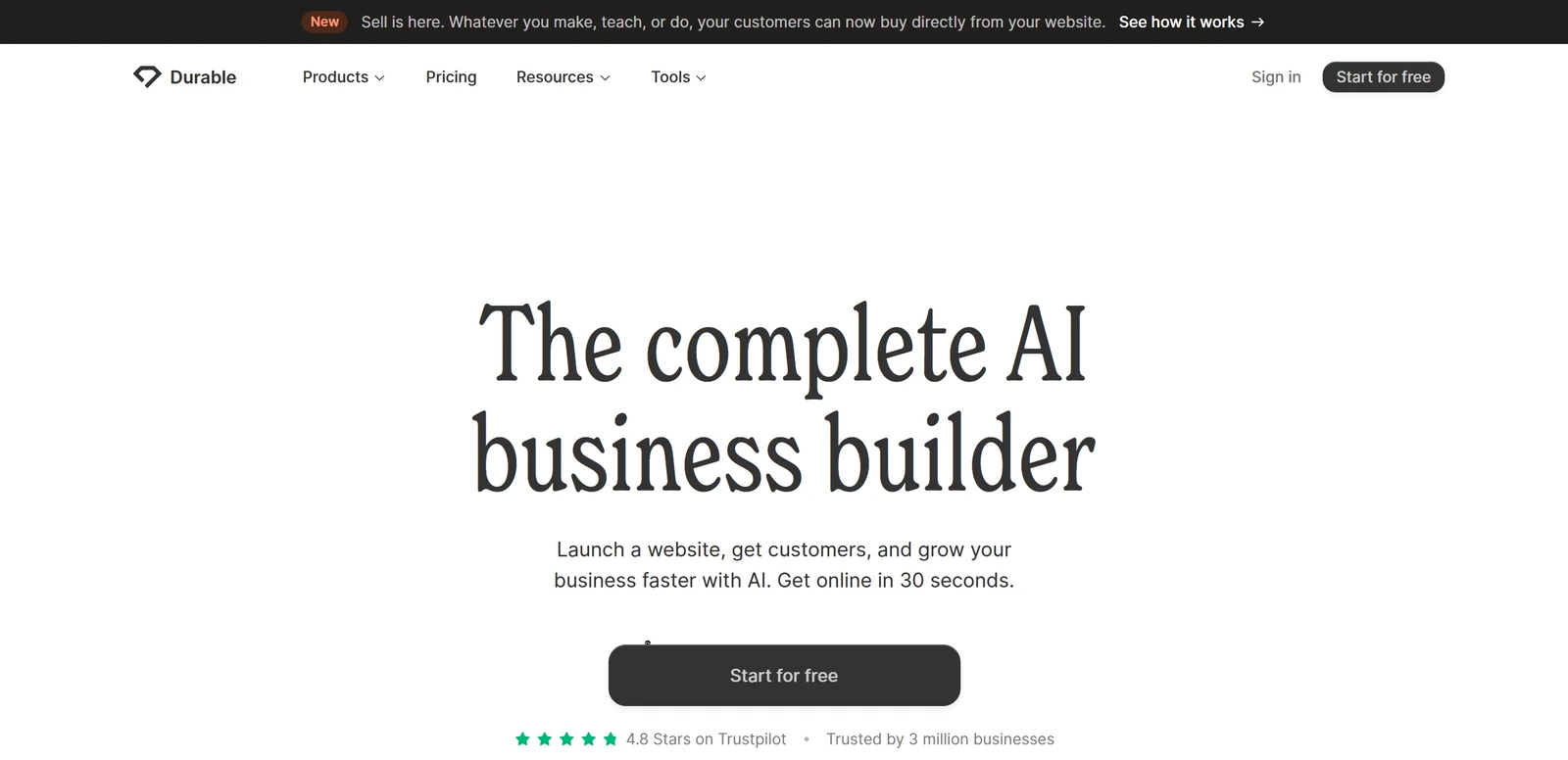 Durable's own home page with the headline The complete AI business builder, a Start for free button and a Sign in link