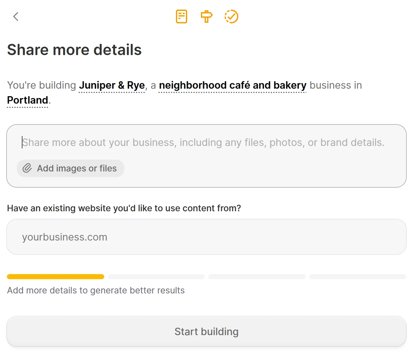 Durable's Share more details screen with a box for more about the business, a box for an existing website and a Start building button