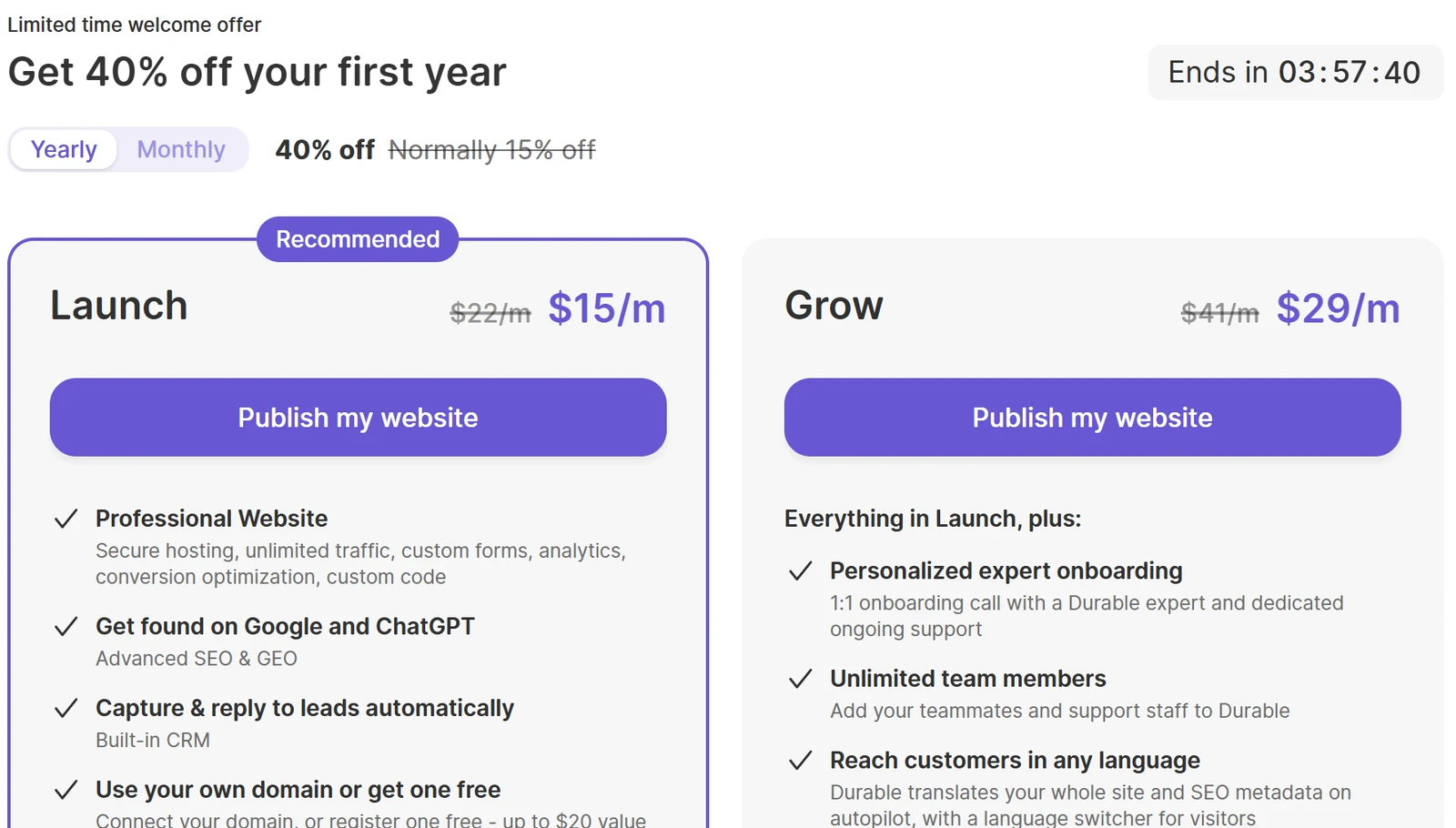 Durable's plan page with a Get 40% off your first year offer, a Yearly and Monthly switch, and the Launch and Grow plans with Publish my website buttons