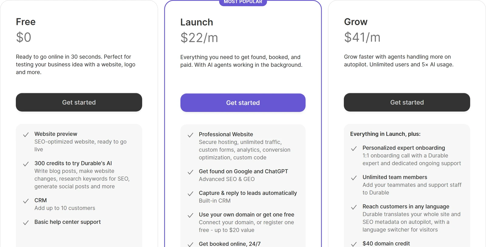 Durable's pricing page with the Free, Launch and Grow plans side by side, each with a list of features