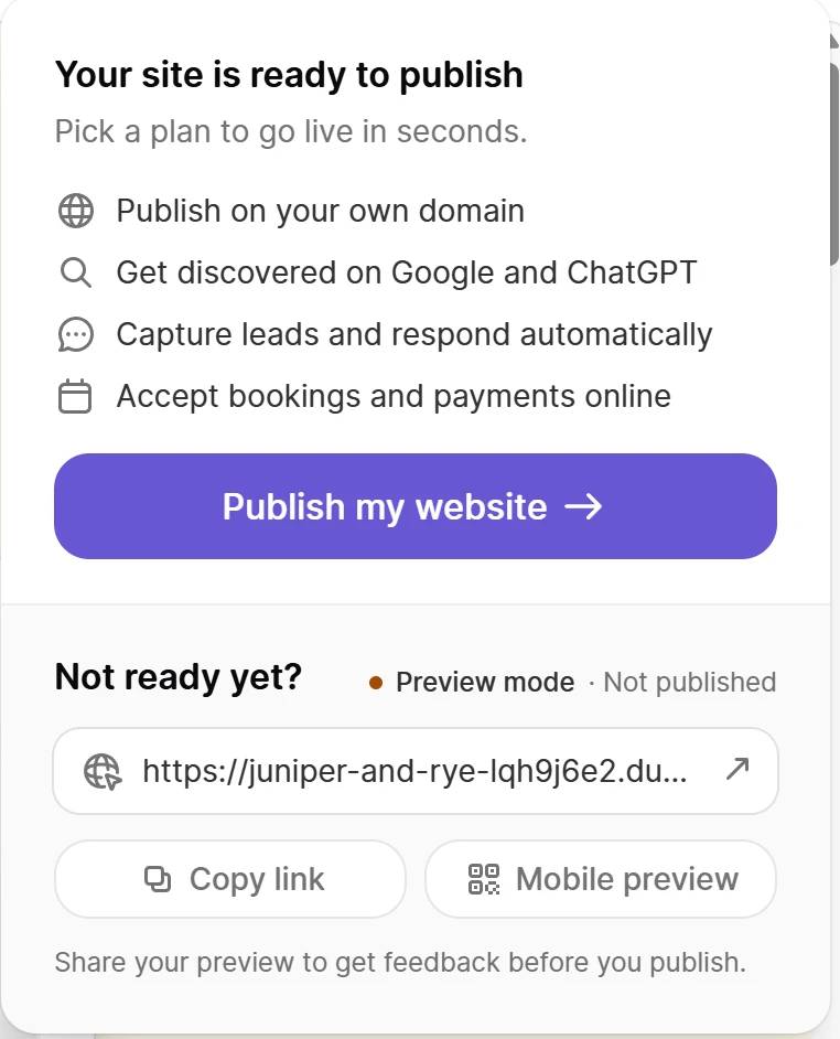Durable's Publish menu with the text Your site is ready to publish, Pick a plan to go live in seconds, four benefits and a Publish my website button, above a Not ready yet preview link