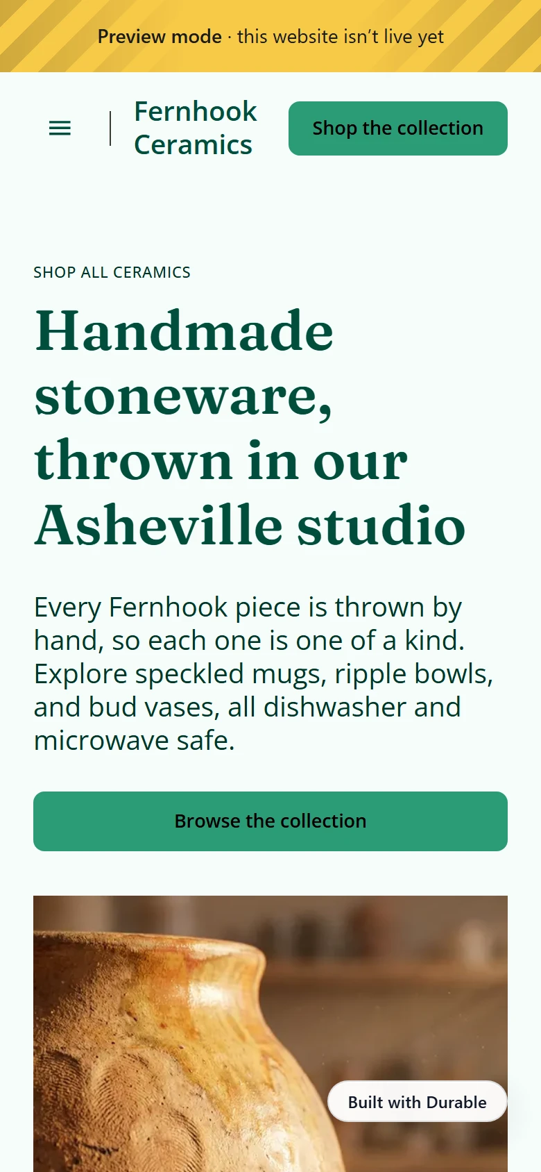 Durable's shop first draft on a phone with a green headline and a Browse the collection button