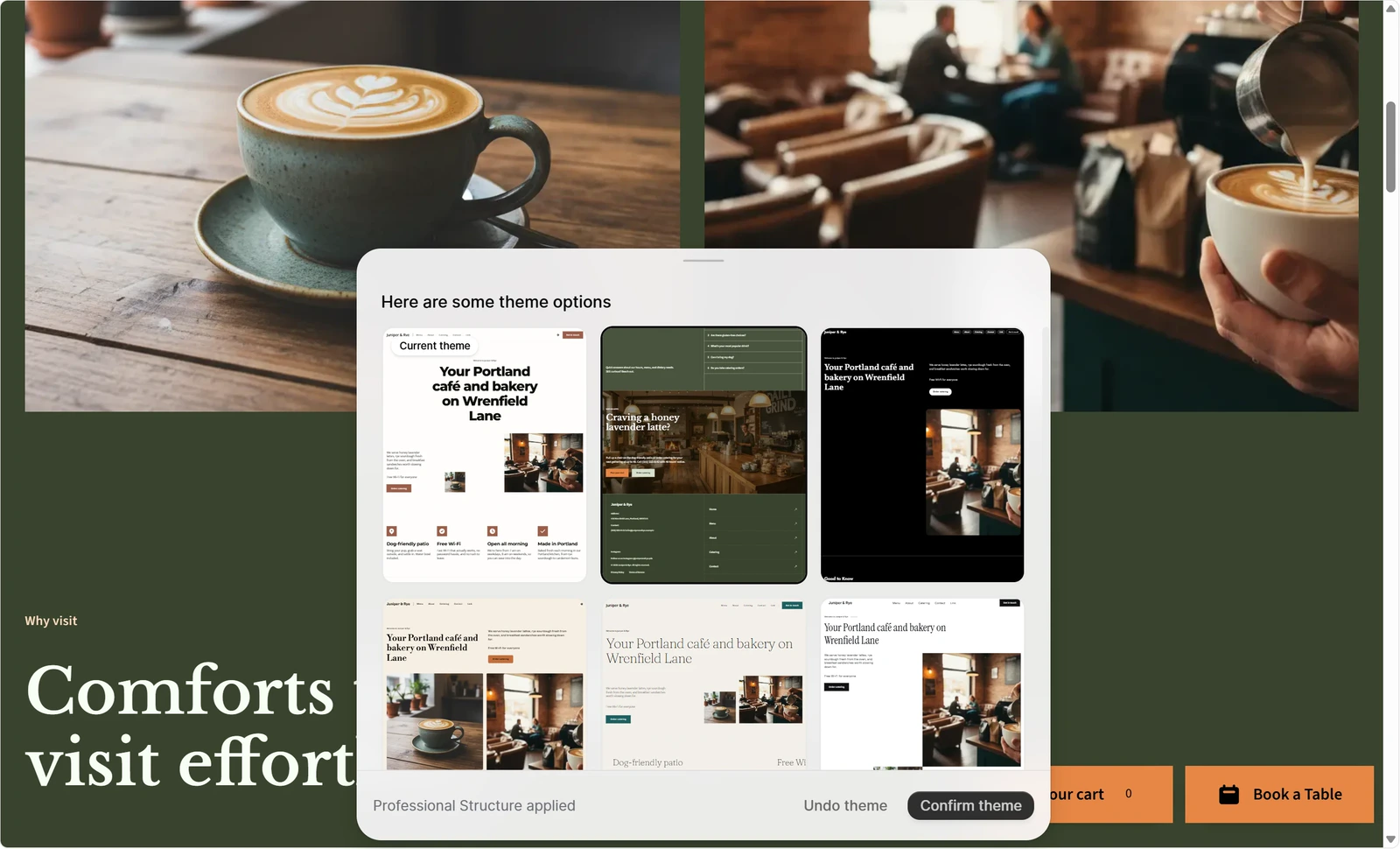 Durable's theme switcher with six theme thumbnails, the dark green theme applied to the cafe site and the buttons Undo theme and Confirm this theme