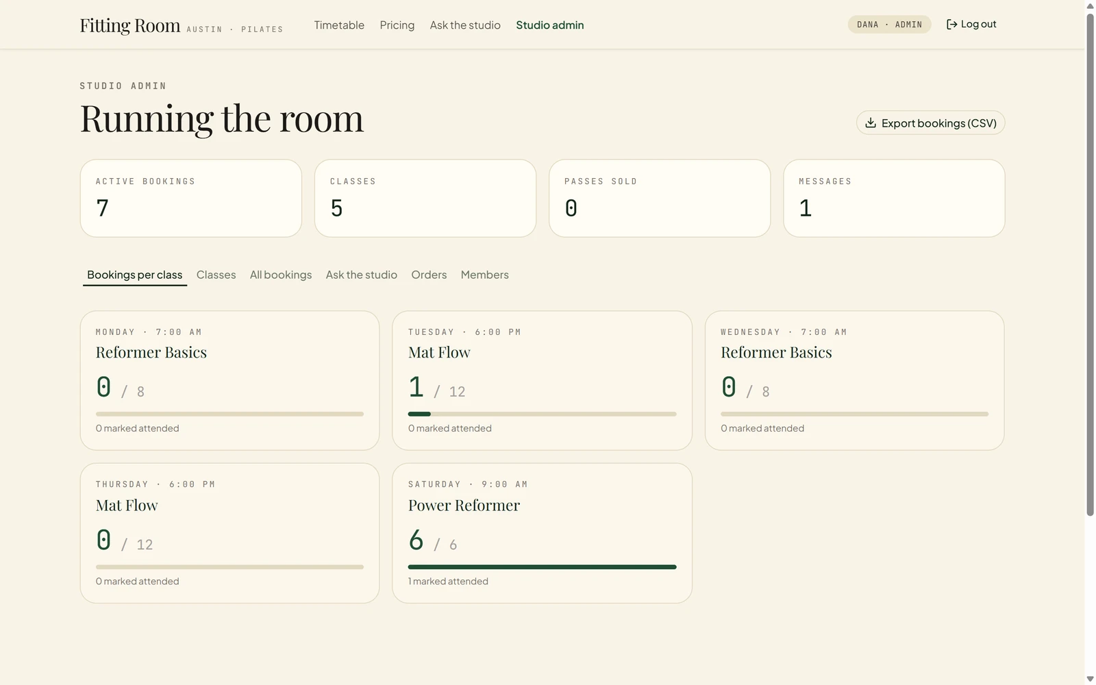 Emergent test app admin screen: Running the room, counters for active bookings, classes, passes sold and messages, the Bookings per class tab with Mat Flow at 1 of 12 and Power Reformer at 6 of 6