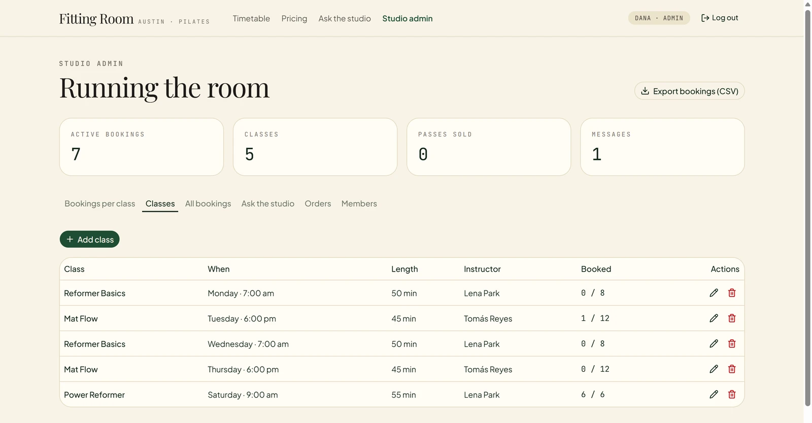 Emergent test app admin screen in dark green and cream: Running the room, four counters, tabs including Members, and a Classes table with Add class and edit and delete icons, Power Reformer showing 6 of 6