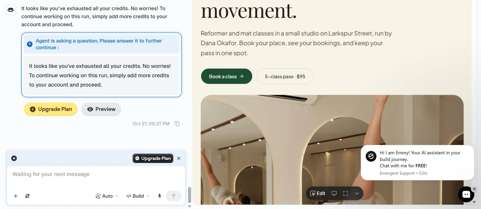 Emergent chat after the colour change: the agent says it has used all credits, with Upgrade Plan buttons, beside the green and cream app preview