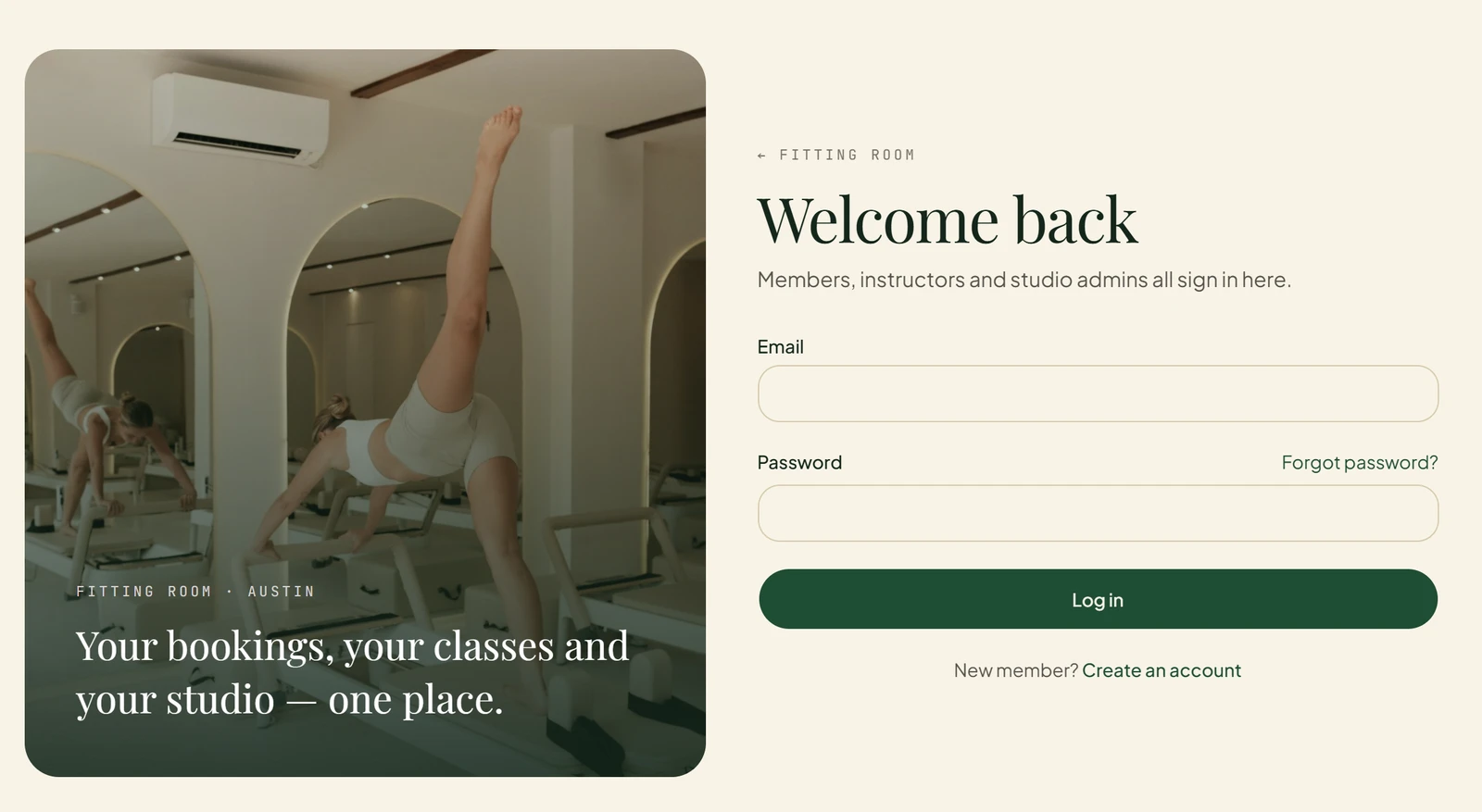 Emergent test app log-in page in dark green and cream: Welcome back, Members, instructors and studio admins all sign in here, Email and Password boxes, a Forgot password link, a Log in button and Create an account