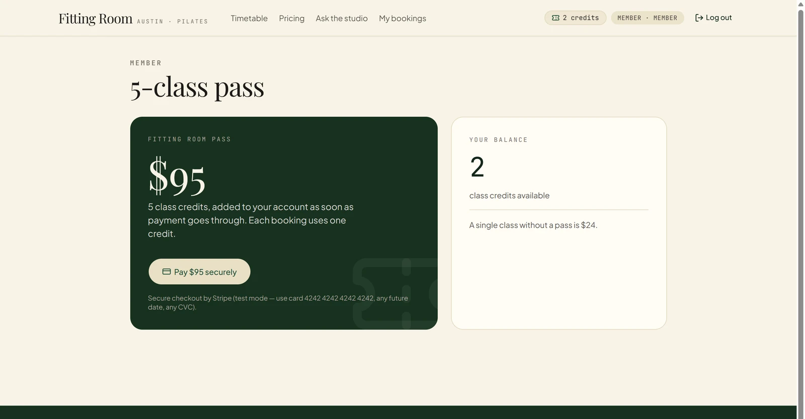 Emergent test app 5-class pass page: the $95 pass card with a Pay $95 securely button and the note Secure checkout by Stripe in test mode, and a balance card showing 2 class credits