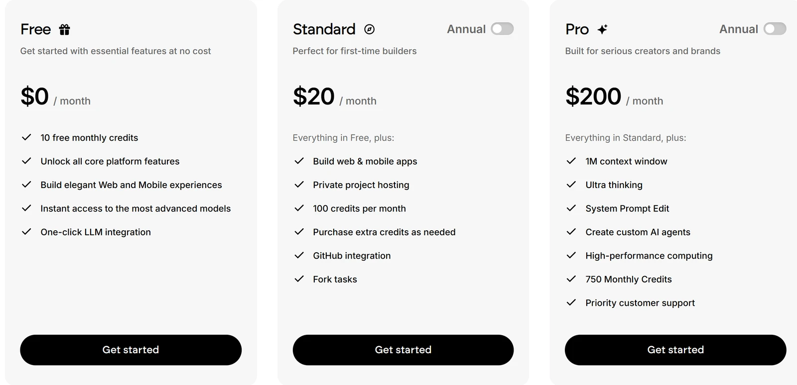Emergent pricing page: Free at $0 with 10 free monthly credits, Standard at $20 a month with 100 credits per month, and Pro at $200 a month with 750 monthly credits