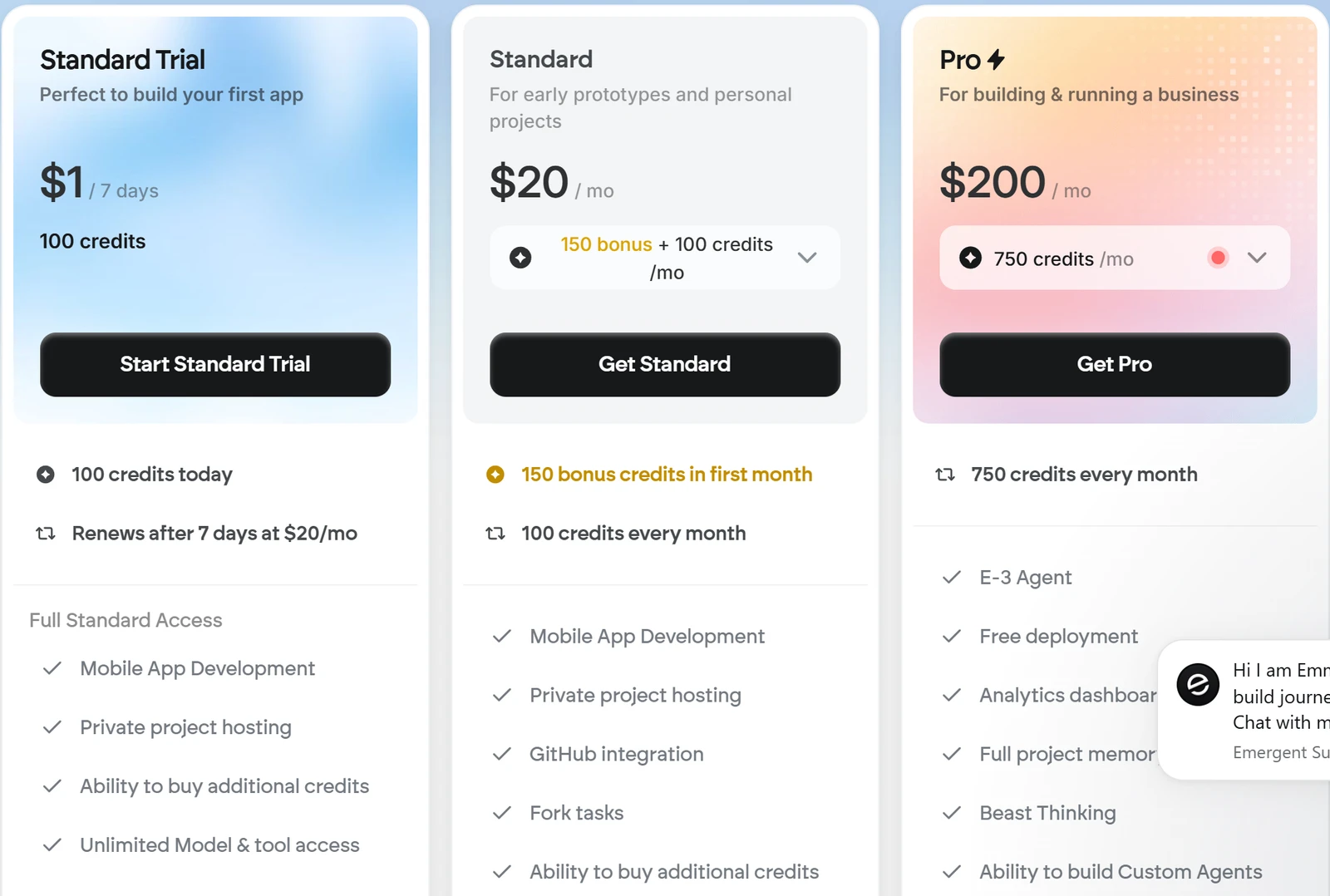 Emergent Choose your plan screen opened by Publish: Standard Trial at $1 for 7 days with 100 credits, Standard at $20 a month, Pro at $200 a month, with Start Standard Trial, Get Standard and Get Pro buttons