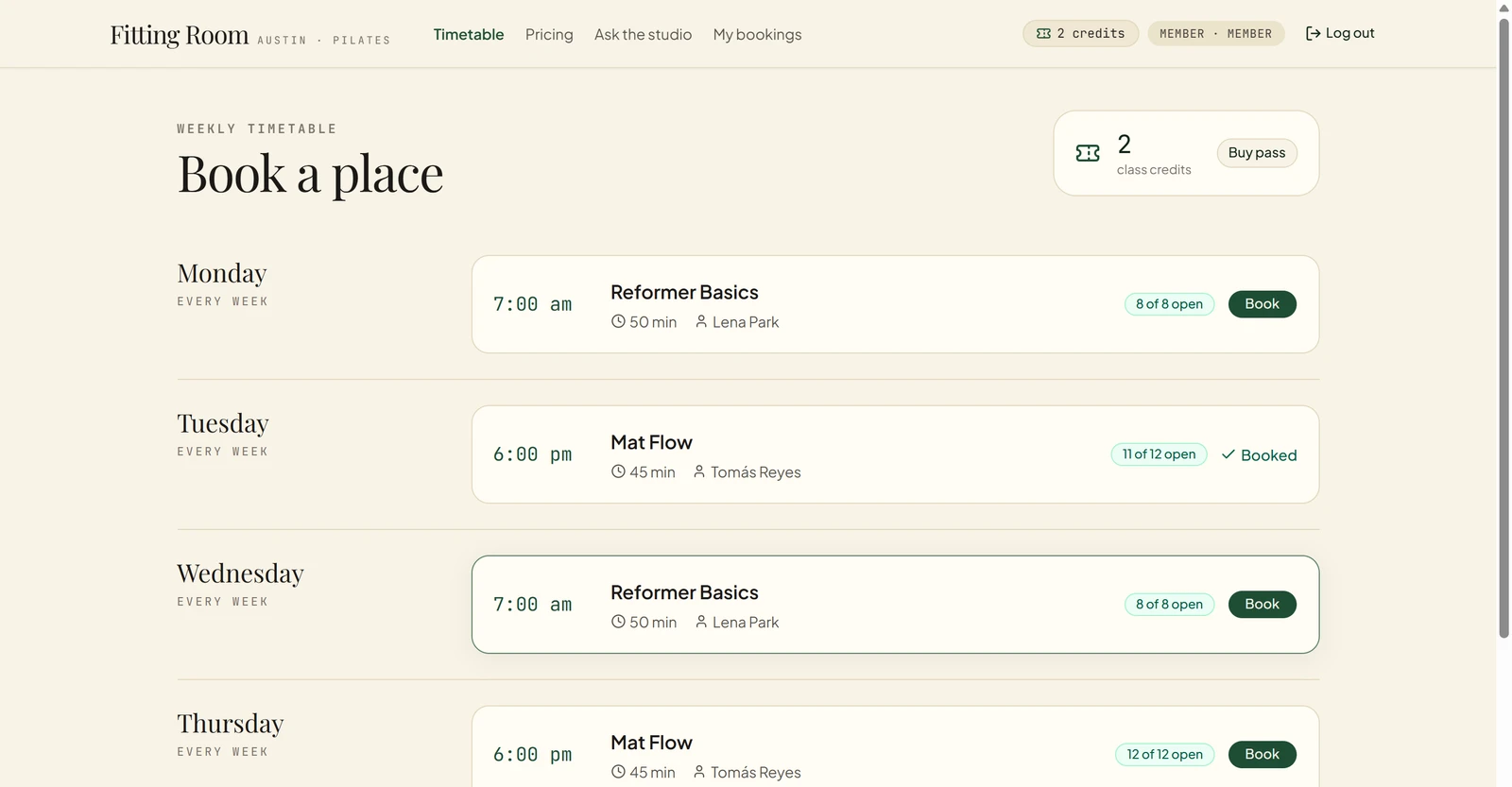 Emergent test app member timetable in dark green and cream: Book a place, three class rows for Monday, Tuesday and Wednesday with times, instructors, places left and Book buttons