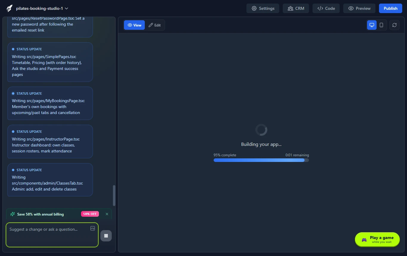 Famous.ai editor while building: the progress bar reads 95% complete with 0:01 remaining beside the chat of status updates