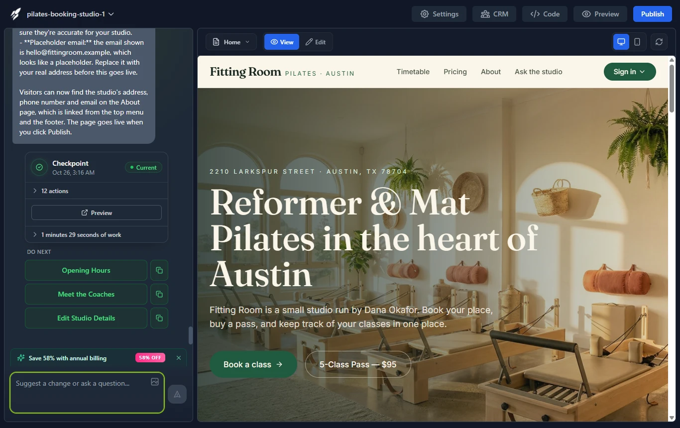 Famous.ai editor after the About page change: the site now has an About link and a dark green colour scheme, with the chat summary on the left