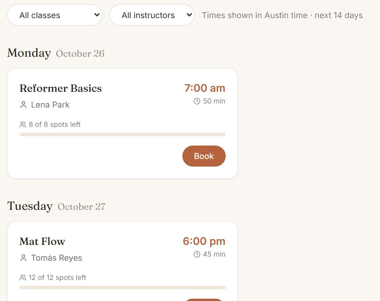 Famous.ai: the live Fitting Room timetable as a member sees it, with the class filters and the first two class cards showing places left