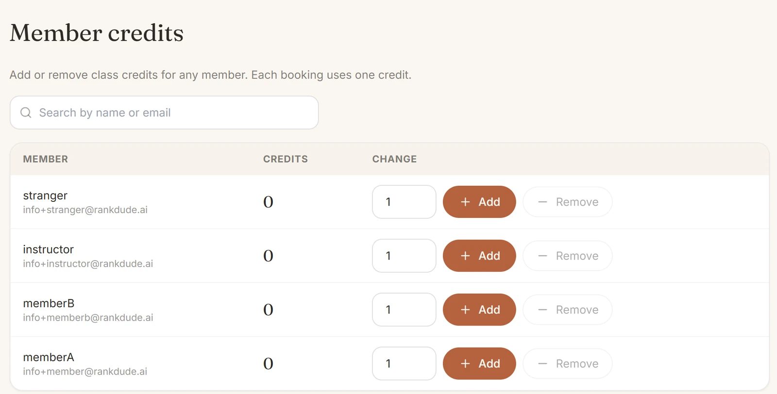Famous.ai test app: the admin's Member credits tab, listing each member with Add and Remove buttons