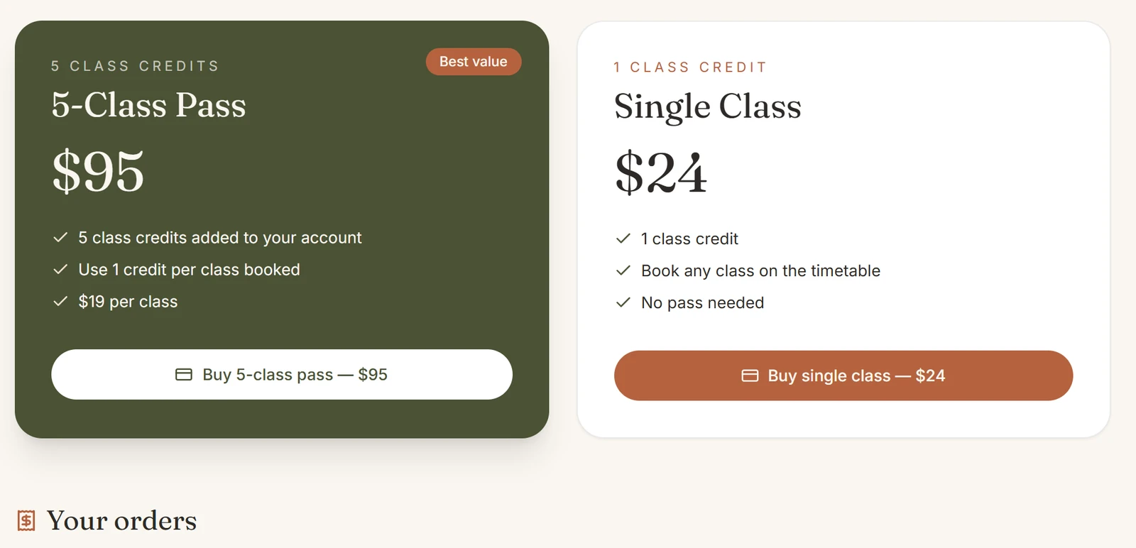 Famous.ai test app: the in-app pricing page with a $95 5-class pass and a $24 single class, both with Buy buttons
