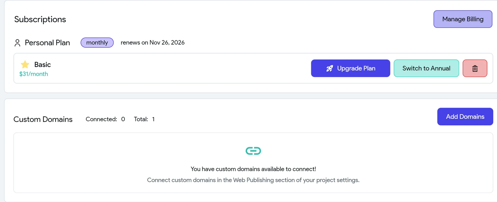 FlutterFlow account page Subscriptions section: Personal Plan monthly, renews on Nov 26 2026, Basic at $31 a month with Upgrade Plan, Switch to Annual and a bin button, and Custom Domains connected 0 of 1.