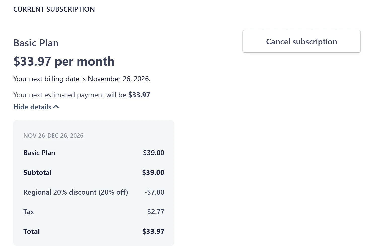 FlutterFlow billing page showing the current subscription, Basic Plan $33.97 per month, with Basic Plan $39.00, a Regional 20% discount of minus $7.80, Tax $2.77 and Total $33.97.