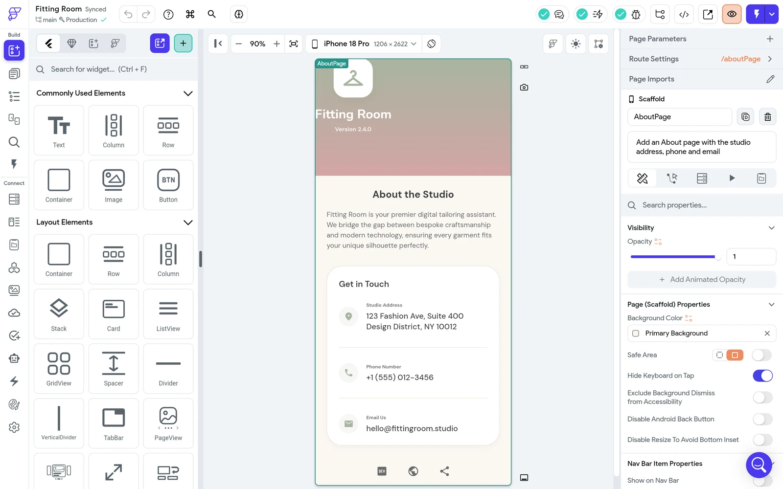 FlutterFlow editor showing a generated About the Studio page with the made-up address 123 Fashion Ave, phone +1 (555) 012-3456 and email hello@fittingroom.studio, and the prompt in the page description box on the right.