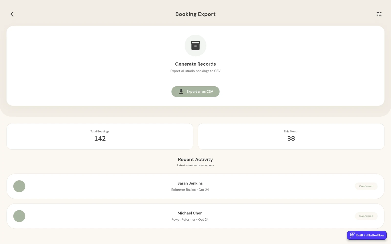 FlutterFlow test app Booking Export screen with an Export all as CSV button, Total Bookings 142, This Month 38 and recent activity for Sarah Jenkins and Michael Chen.