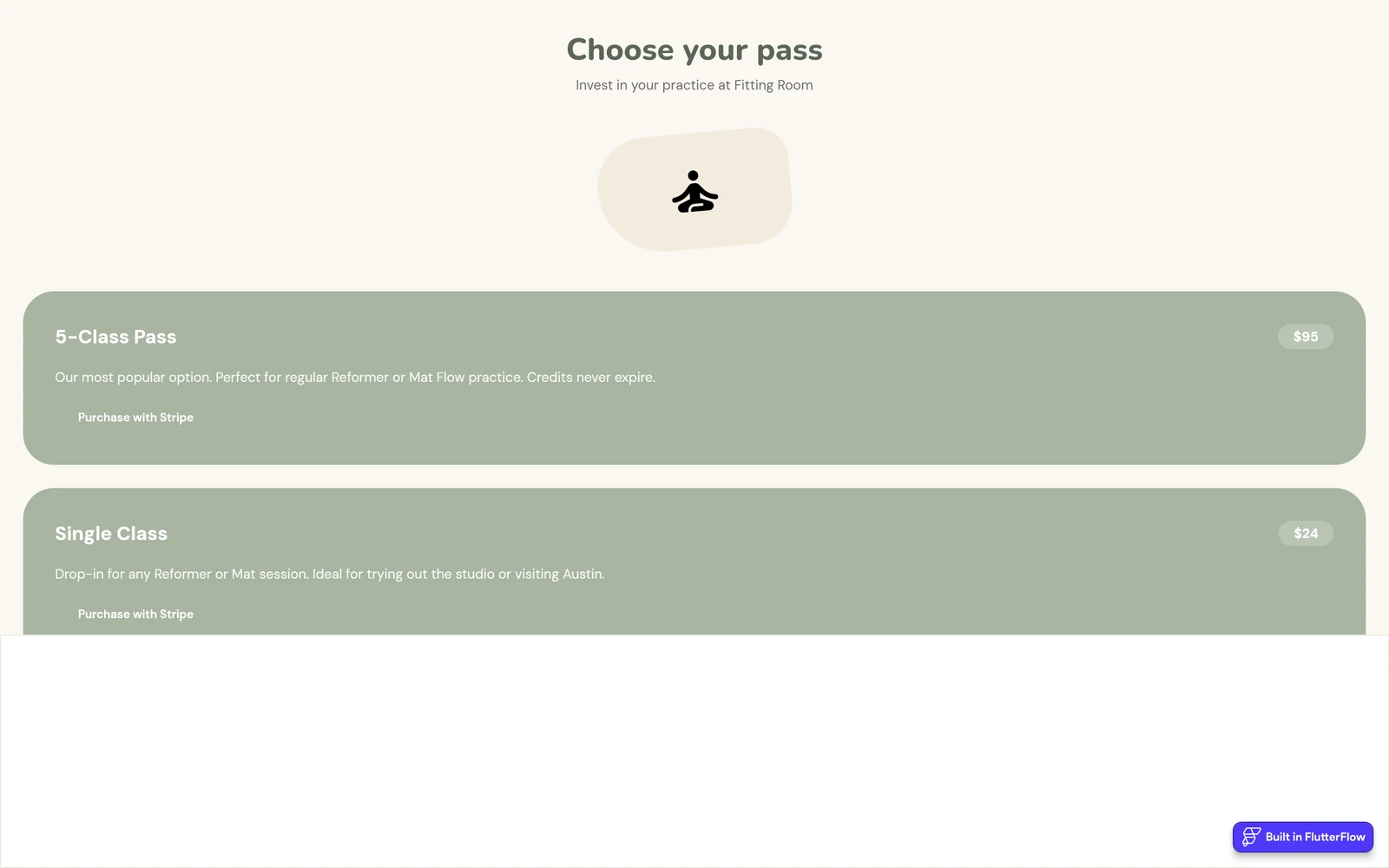 FlutterFlow test app Choose your pass screen with a 5-Class Pass at $95 and a Single Class at $24, each with the words Purchase with Stripe