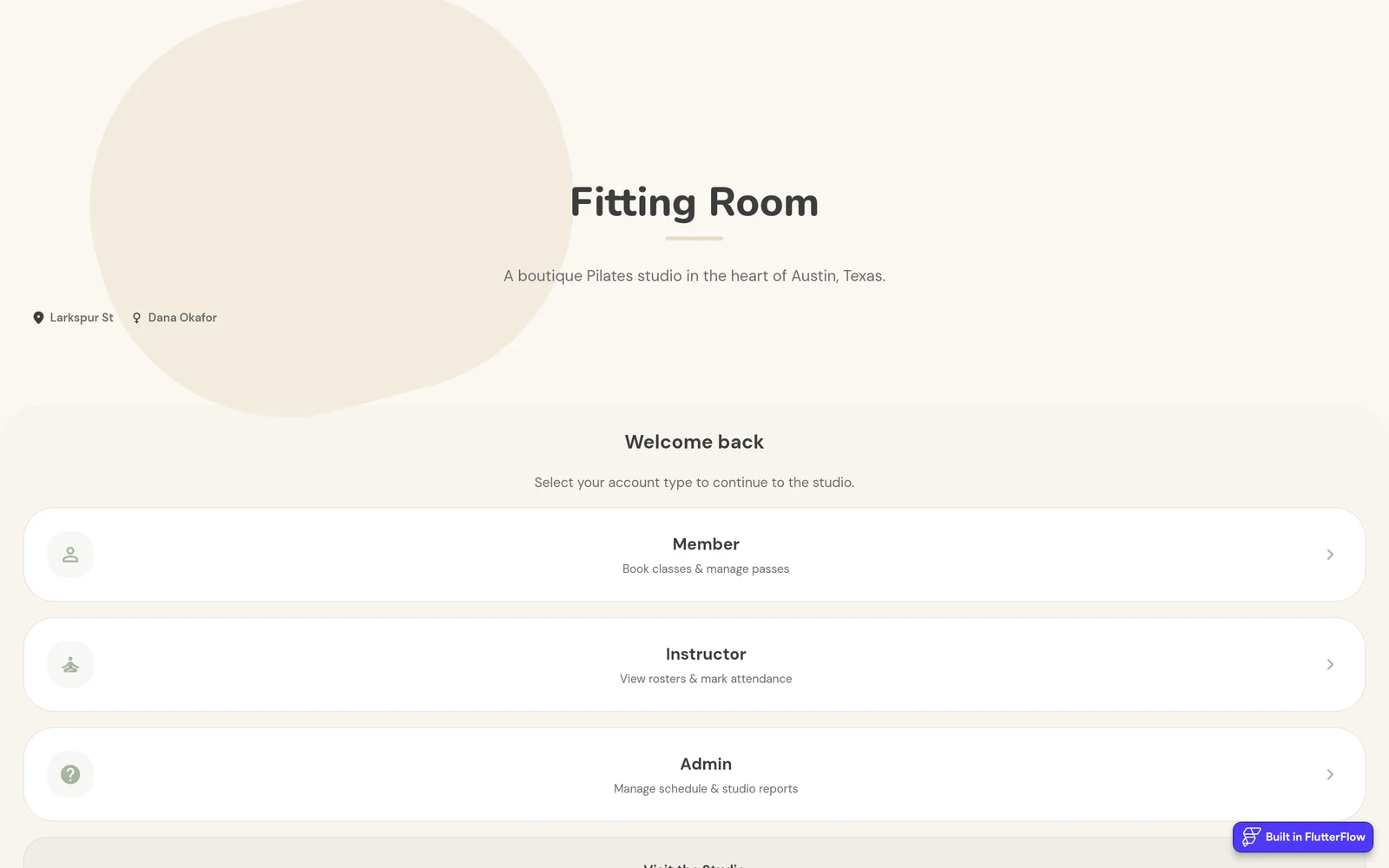 FlutterFlow test app first screen with the title Fitting Room and three buttons: Member, Instructor and Admin, under Welcome back.
