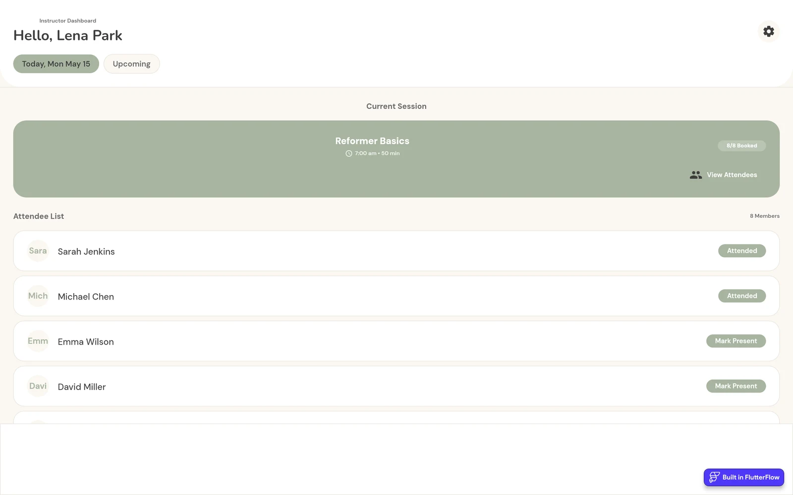 FlutterFlow test app Instructor Dashboard saying Hello Lena Park, Today Mon May 15, Reformer Basics 8 of 8 booked and an attendee list with Sarah Jenkins, Michael Chen, Emma Wilson and David Miller.