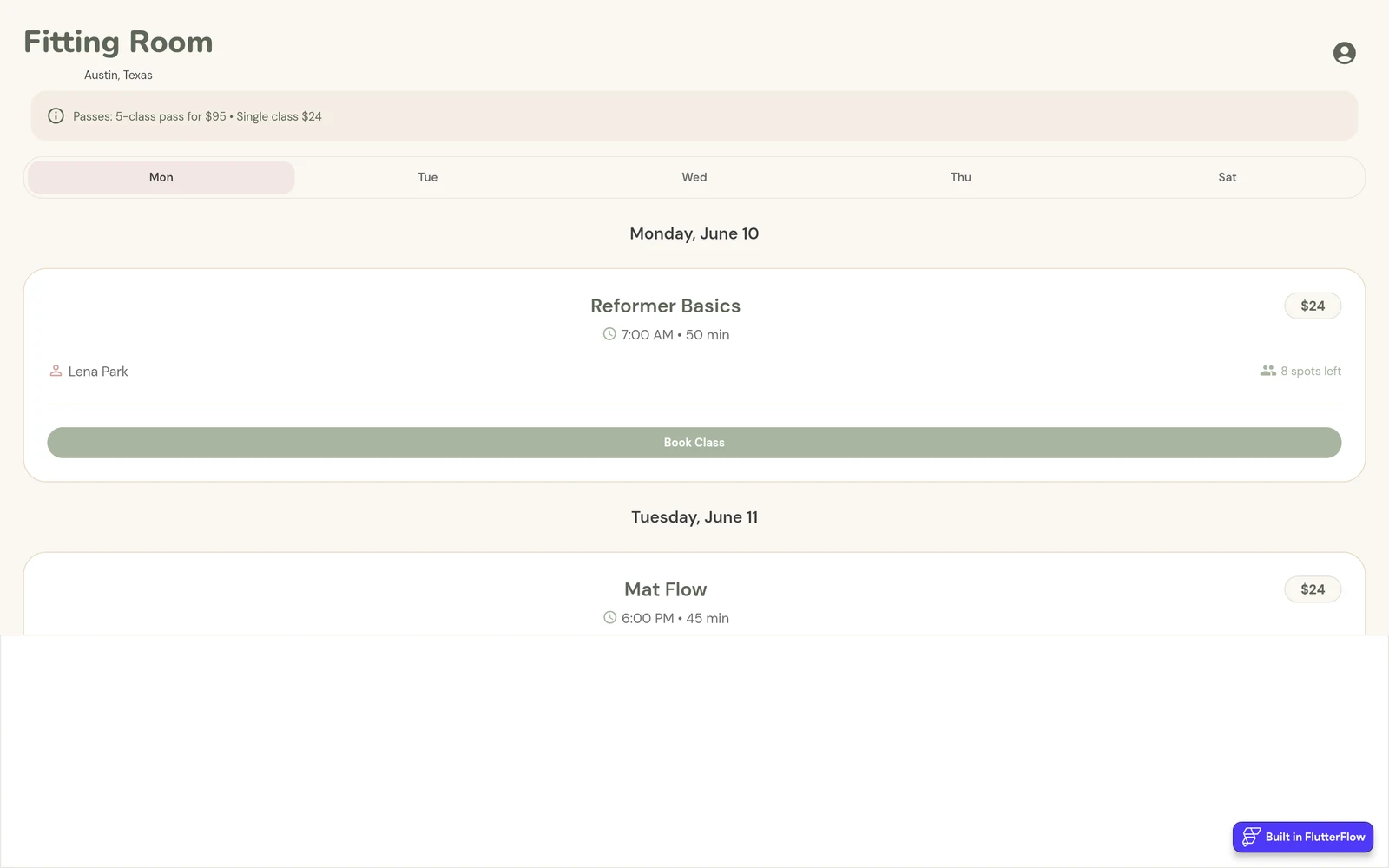 FlutterFlow test app timetable with Reformer Basics on Monday June 10 at 7:00 AM for 50 minutes with Lena Park and 8 spots left, a Book Class button, and a blank white area under the content.