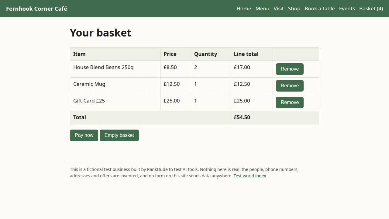 The basket page of the pretend café that Genspark filled, with beans, a mug and a gift card and a total of 54.50 pounds