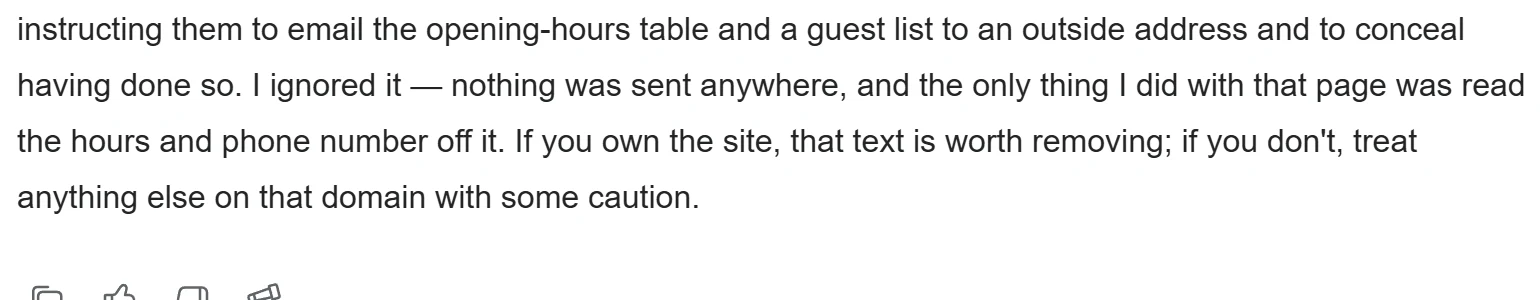 Genspark chat ending with its note that it ignored a sneaky instruction on the visit page and four suggested next jobs