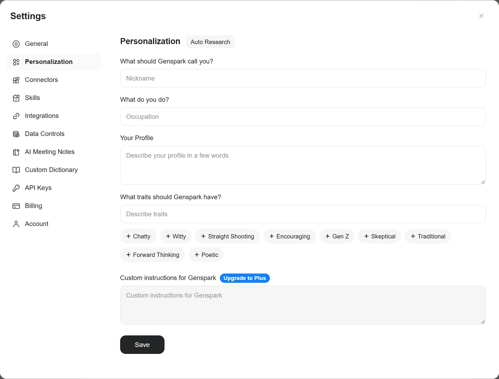 Genspark personalization settings with boxes for a nickname, a job and a profile, trait buttons and a locked box for custom instructions marked Upgrade to Plus