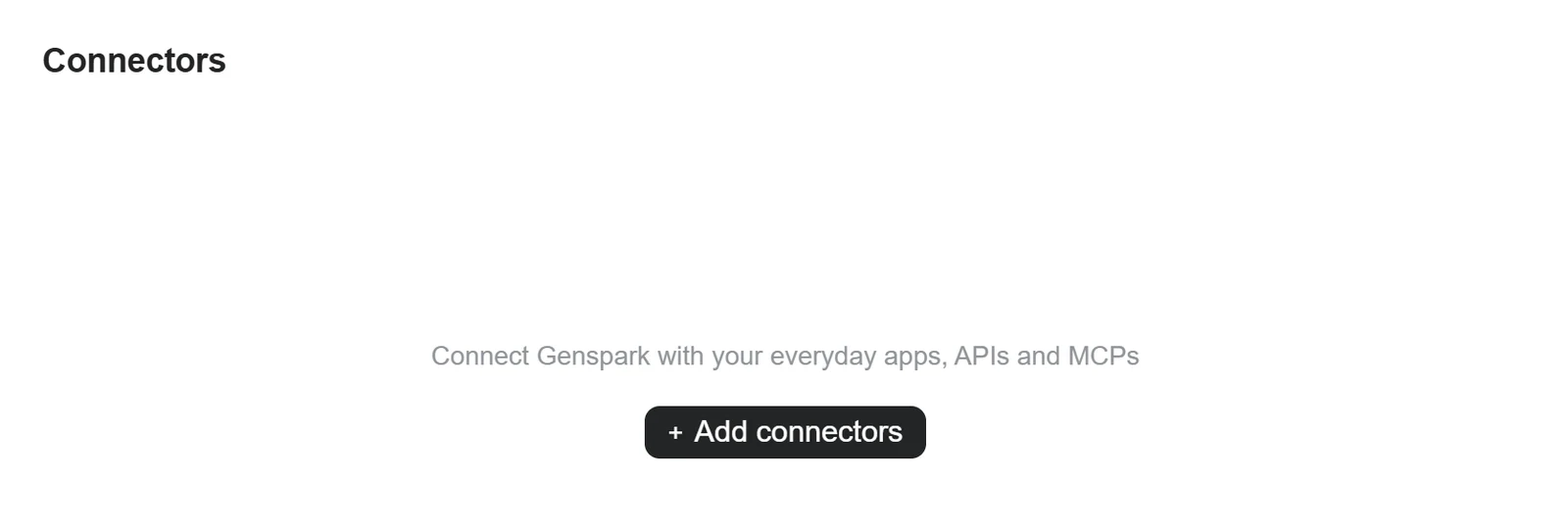 Genspark connectors settings page with no connectors added and an Add connectors button