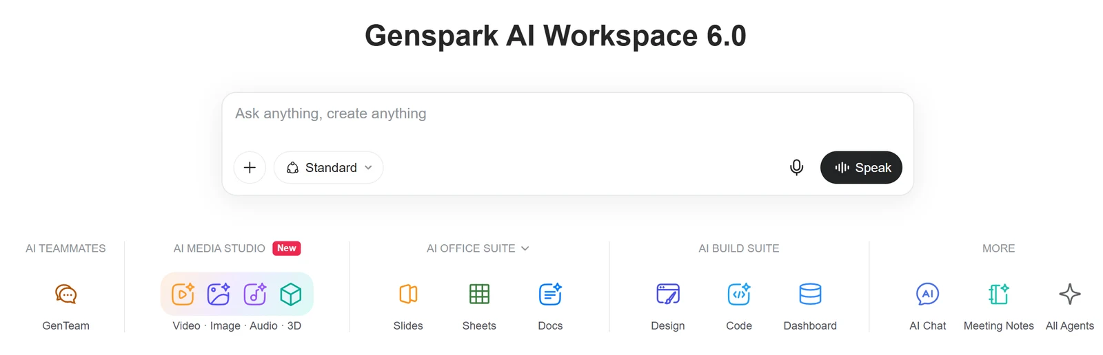 Genspark home page with the Ask anything box, the Standard mode button and tiles for the media studio, Slides, Sheets, Docs, Design, Code and Dashboard
