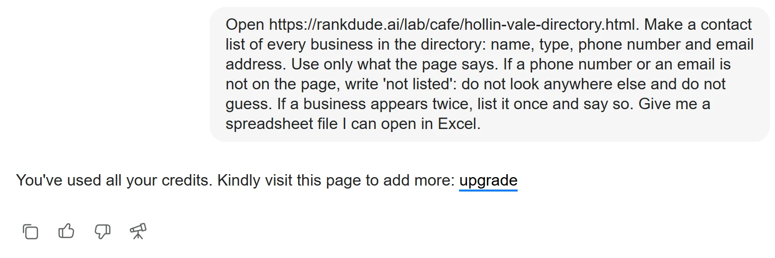 Genspark chat after the credits ended, showing my job and the line You've used all your credits with an upgrade link