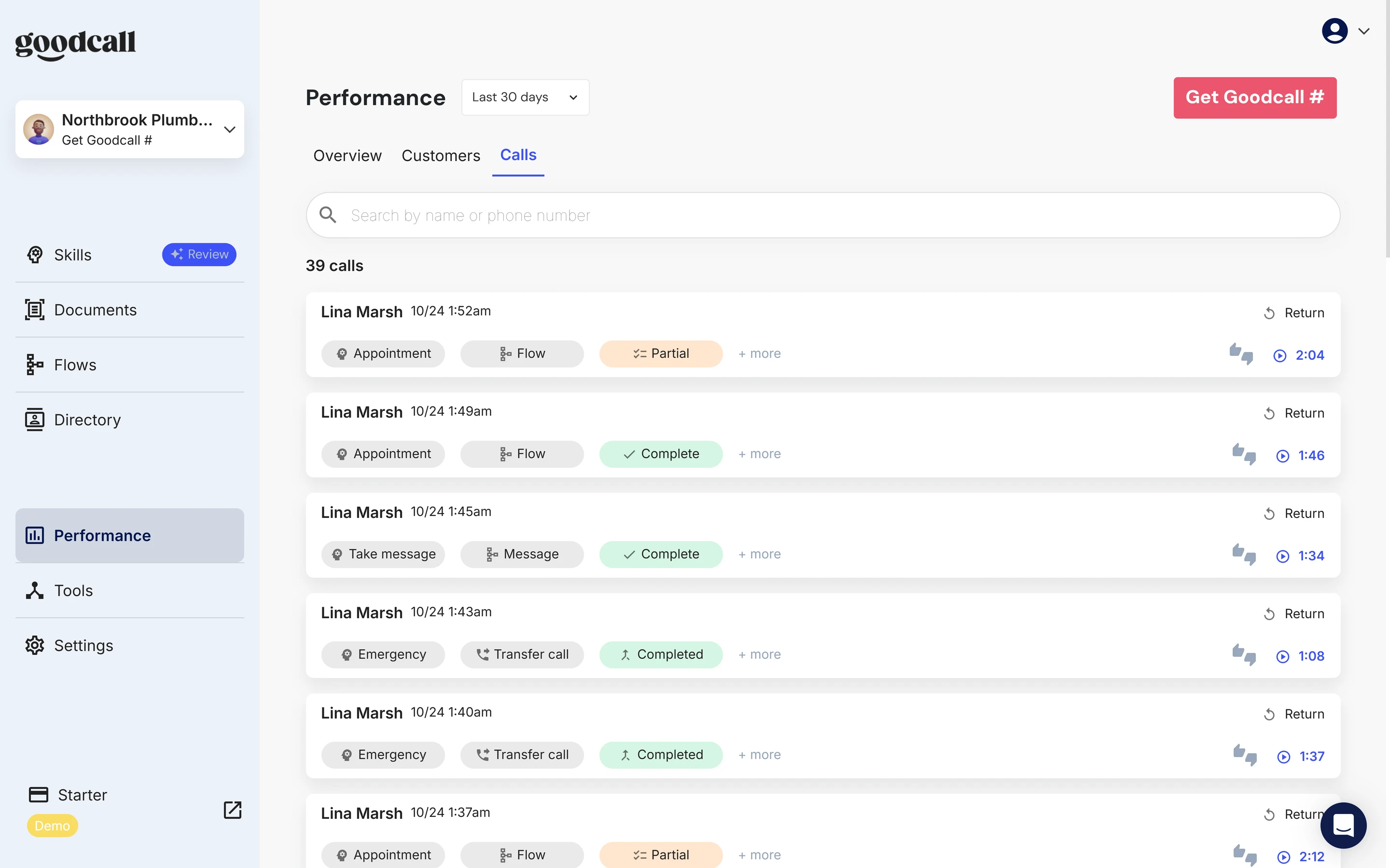 Goodcall Performance Calls page listing the test calls with the skill used and the outcome of each