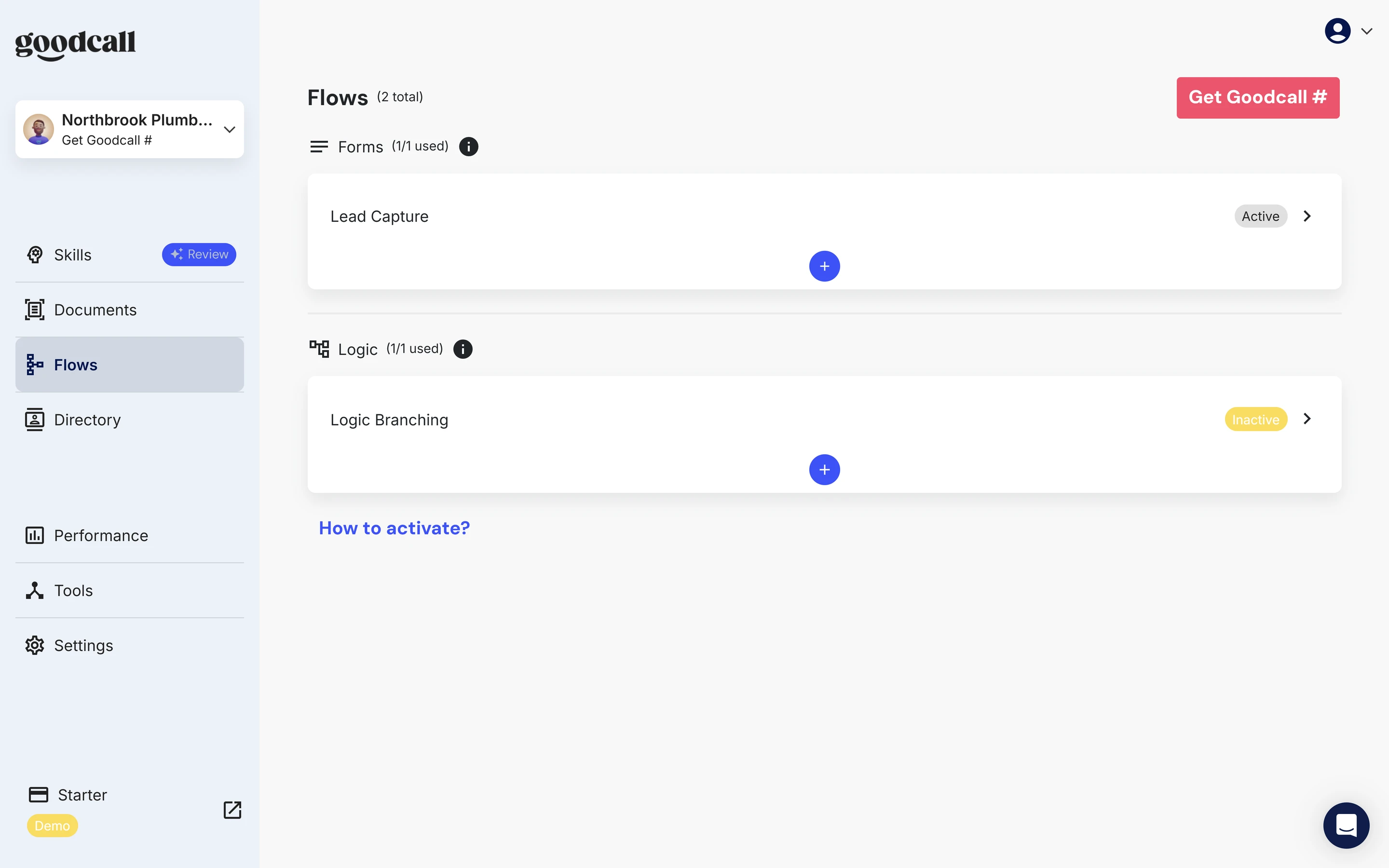 Goodcall Flows page with the Lead Capture form active and Logic Branching inactive