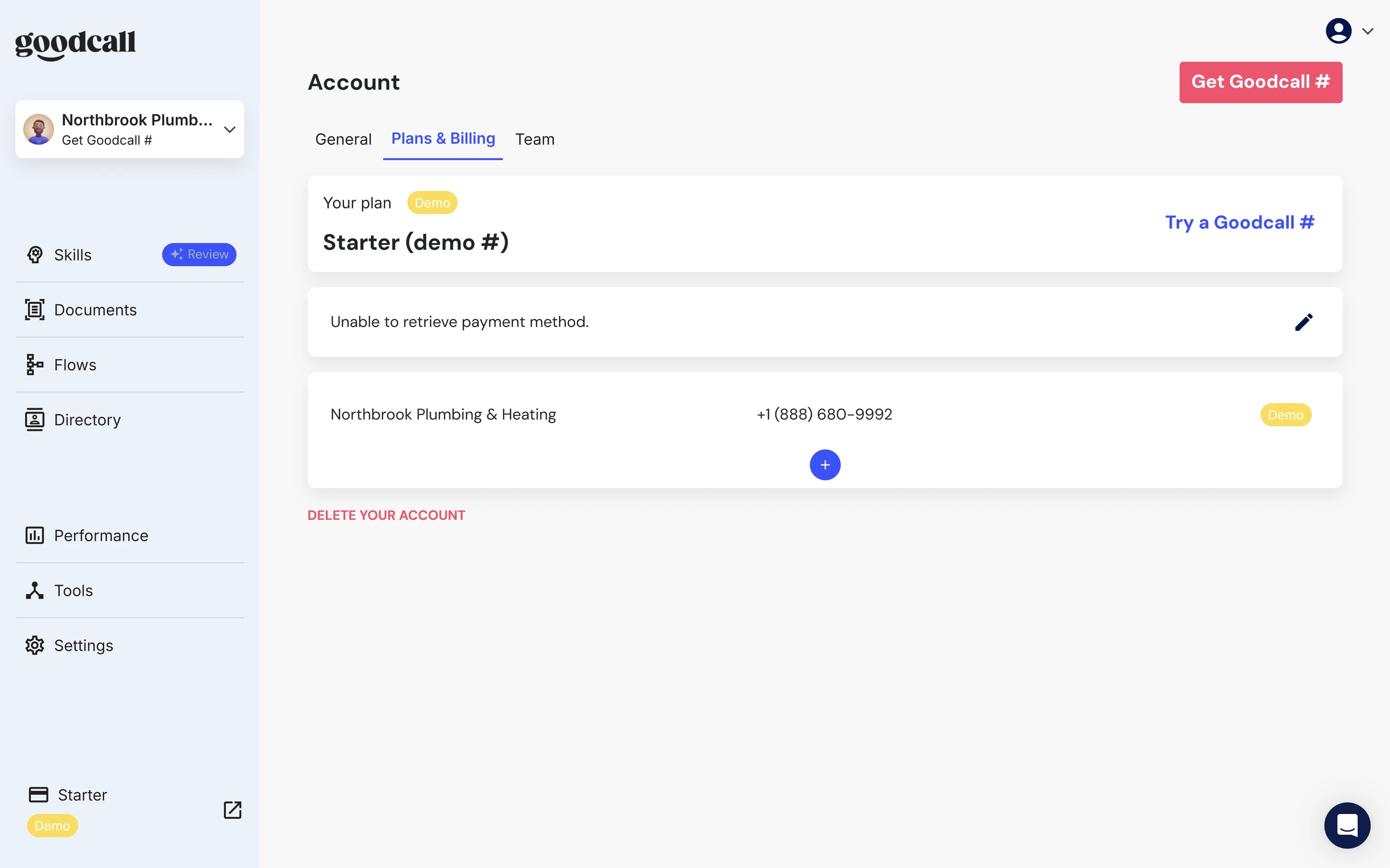 Goodcall Account Plans and Billing page for the demo account