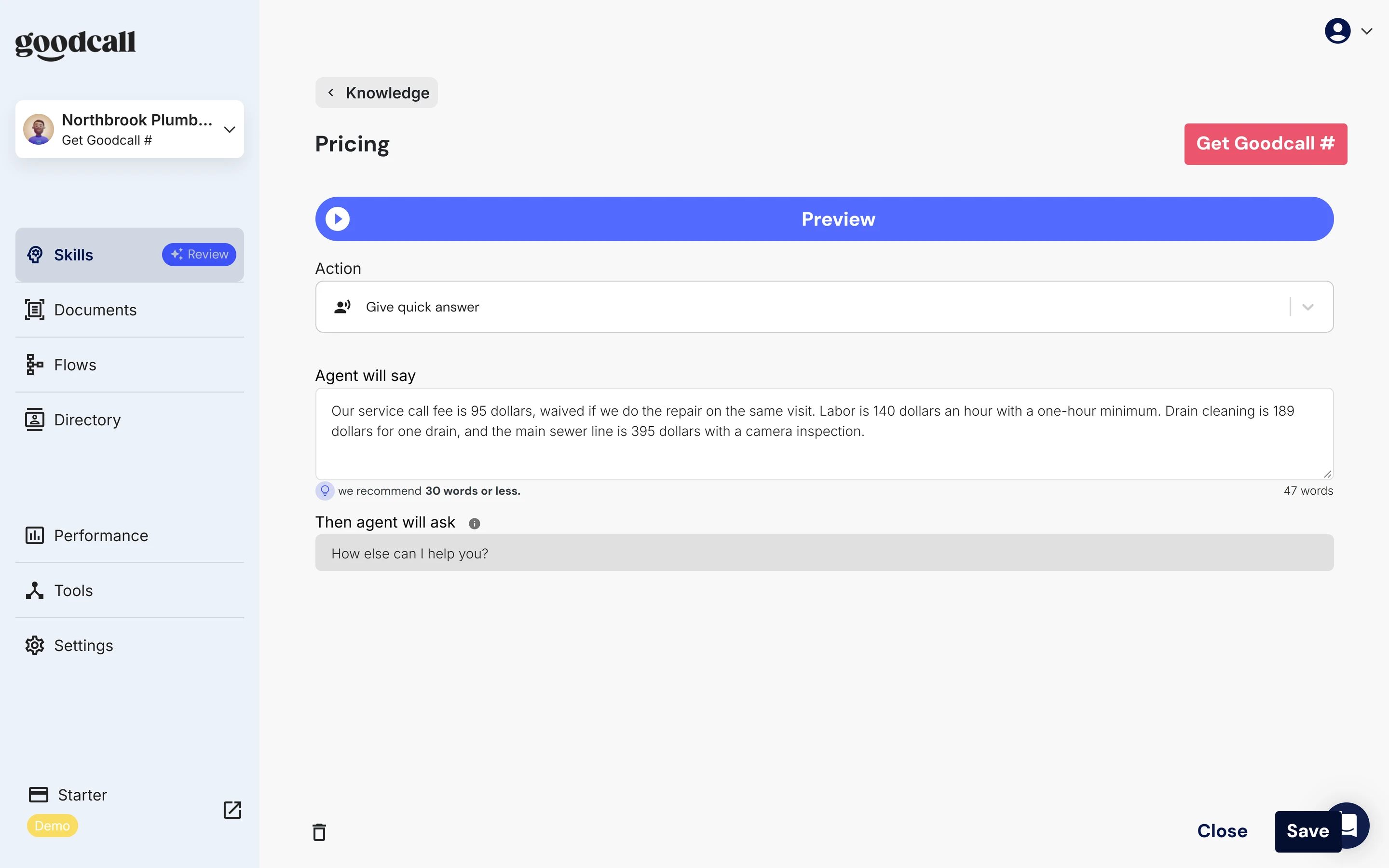 Goodcall Pricing skill with the 30-word price answer used on the graded calls