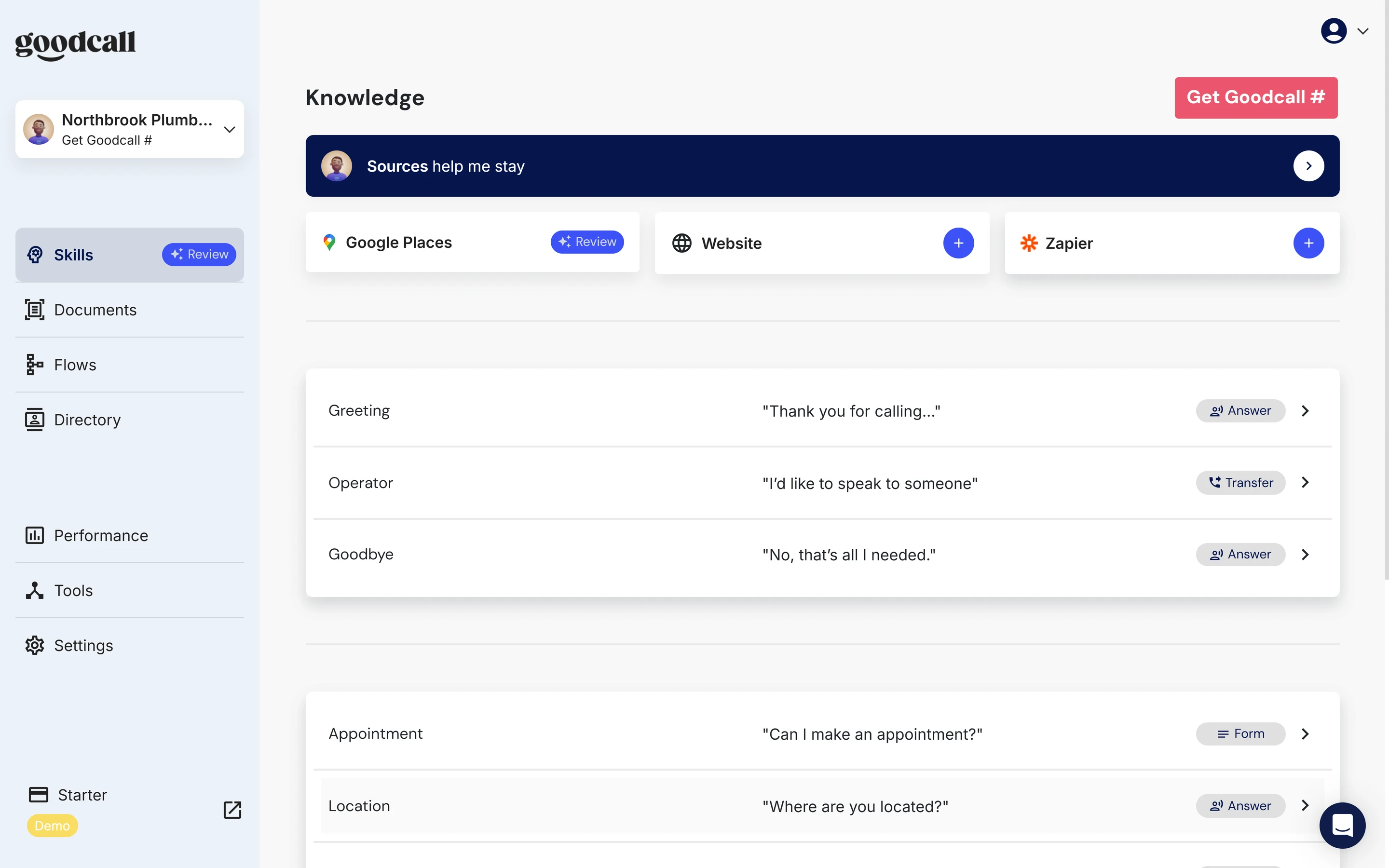 Goodcall Skills page with the Greeting, Operator and Goodbye skills