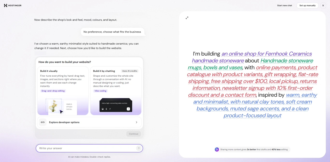 Hostinger: The AI asks how you want to build, and sums up your site as you answer.